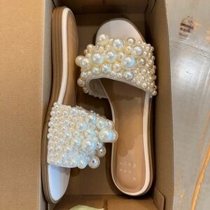 a new day Pearl-Embellished White Slide Sandals